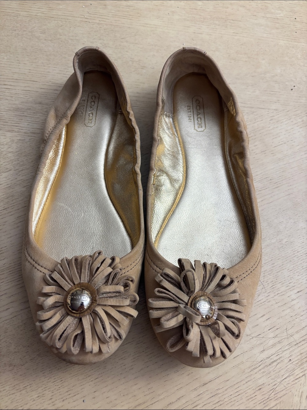 Coach Tan Suede Fringe Flower Ballet Flats